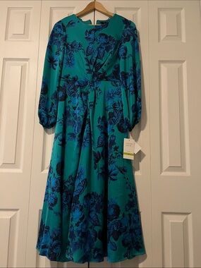 Floral Twist-Front Midi Dress in Teal & Navy - Brand